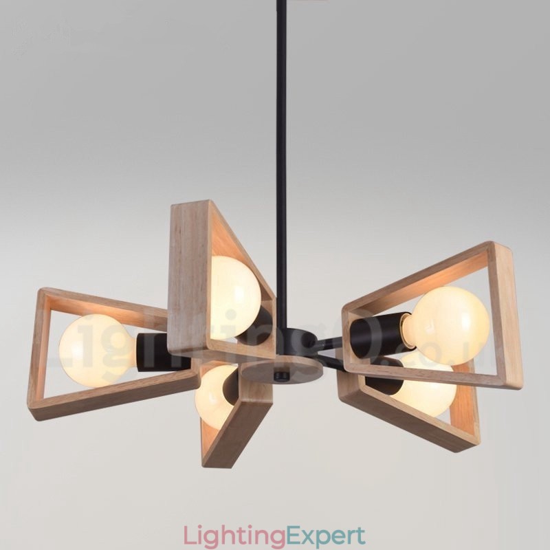 Wood Single Tier 5 Light Chandelier Lamp Modern Contemporary Style
