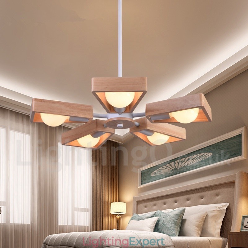 Wood Single Tier 5 Light Chandelier Lamp Modern Contemporary Style