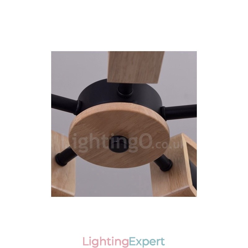 Wood Single Tier 5 Light Chandelier Lamp Modern Contemporary Style