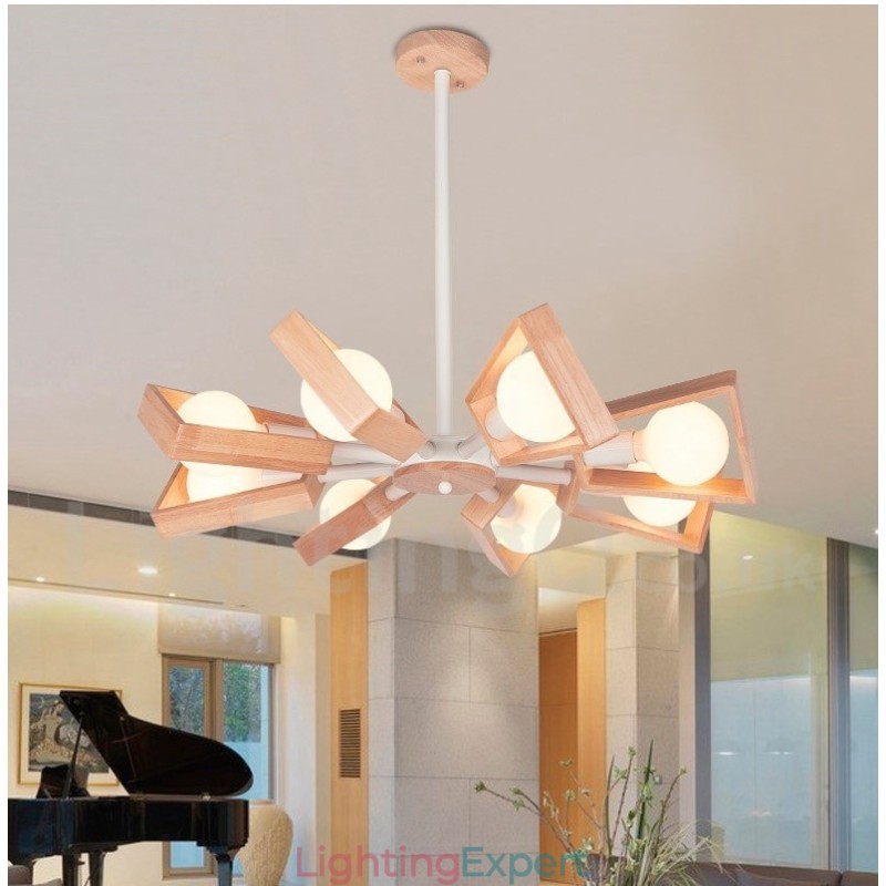 Wood Single Tier 8 Light Chandelier Lamp Modern Contemporary Style