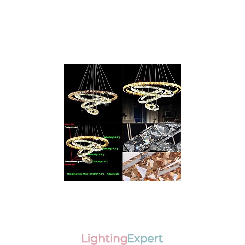 Modern Crystal Pendant Light Ceiling Chandelier Lamp with 4 Rings Large Ring Amber Crystal and Other Clear Crystal