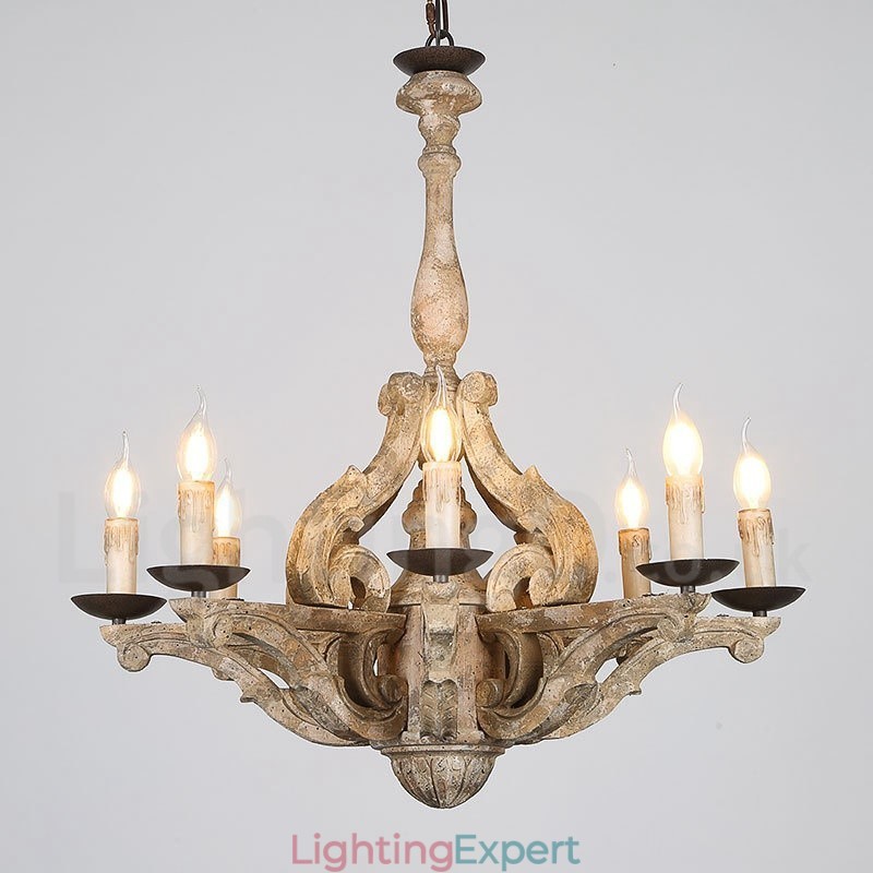 8 Light Vintage Retro Wooden Chandelier Lamp Light