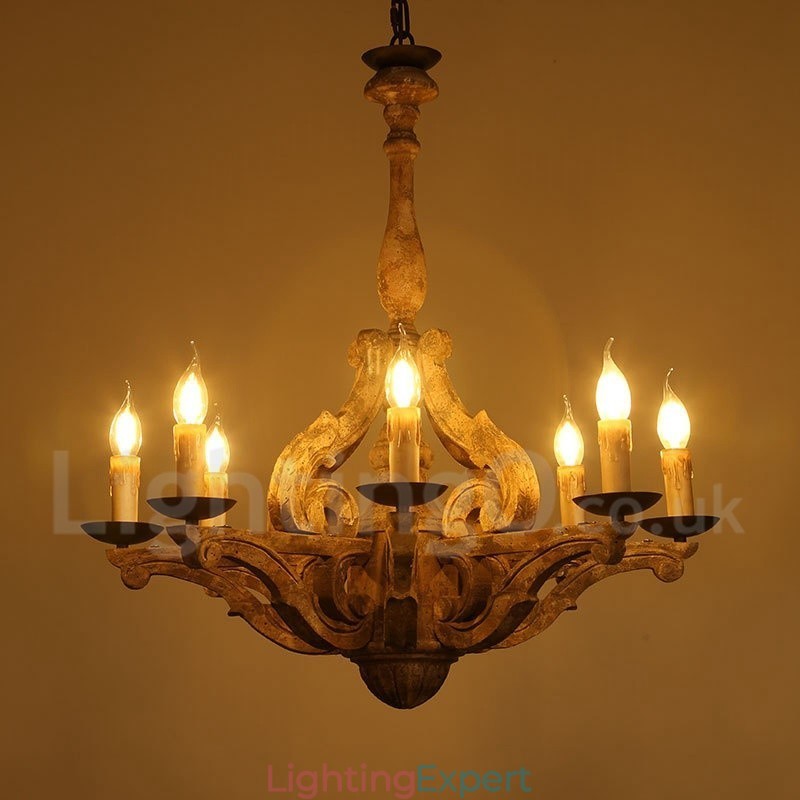 8 Light Vintage Retro Wooden Chandelier Lamp Light