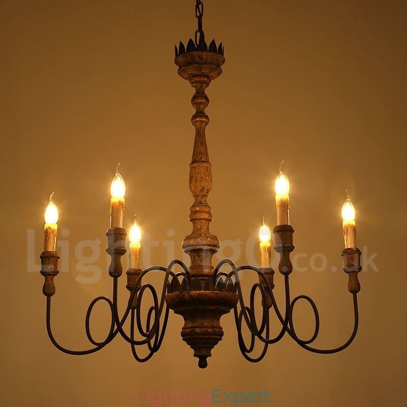 Country Vintage Wooden 6 Light Chandelier Light