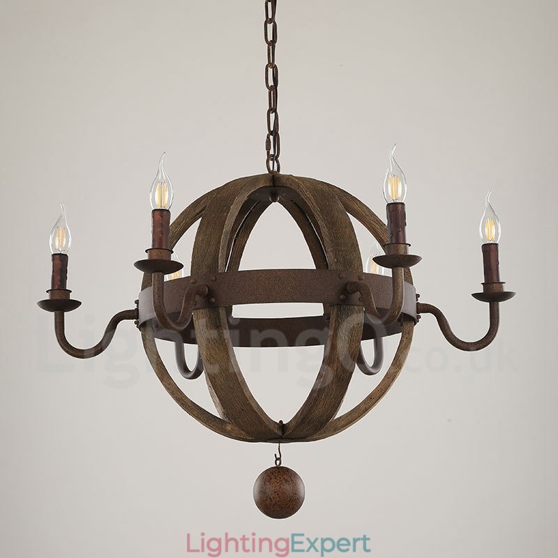 Country Vintage Wooden 6 Light Chandelier Lamp Light
