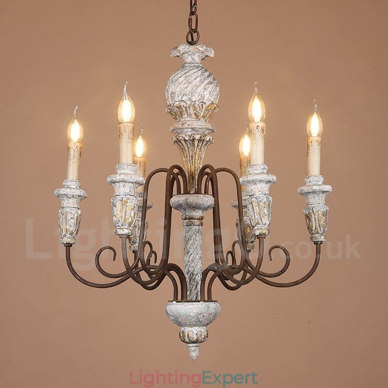 Country Vintage Wooden 6 Light Single Tier Chandelier for Light