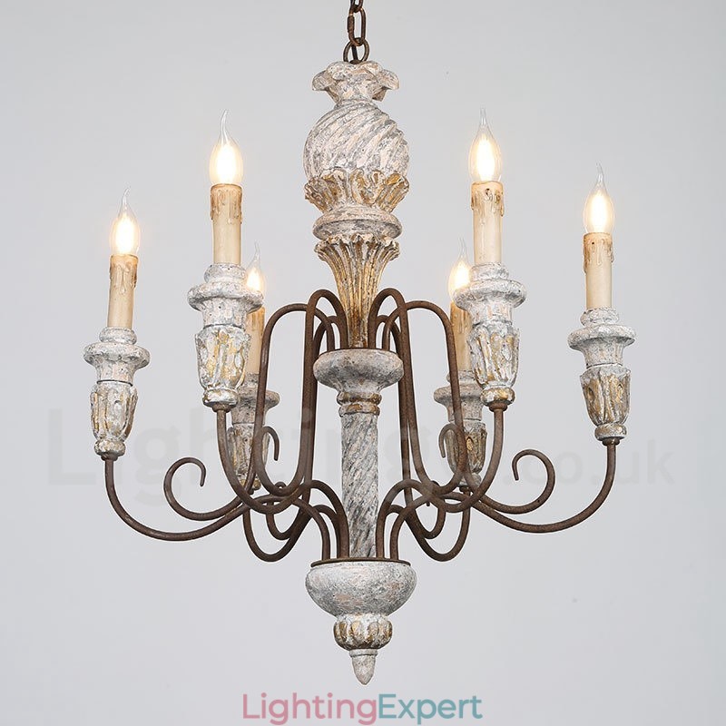 Country Vintage Wooden 6 Light Single Tier Chandelier for Light