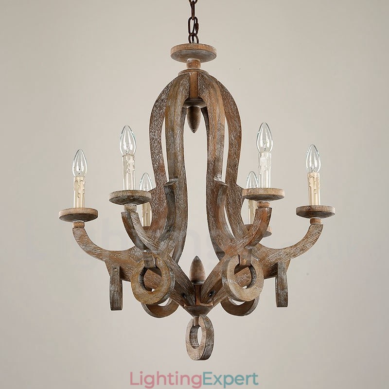 Country Wooden Vintage 6 Light Single Tier Chandelier Light Wood Lamp