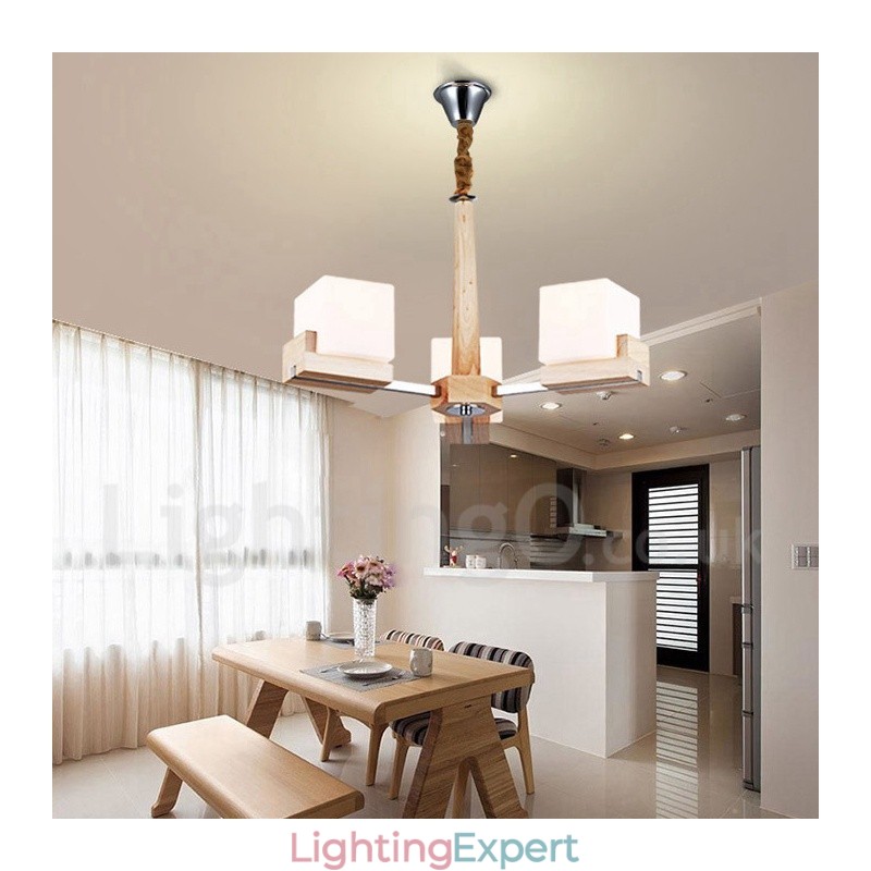 Wooden Modern Contemporary 3 Light Single Tier Chandelier Lamp