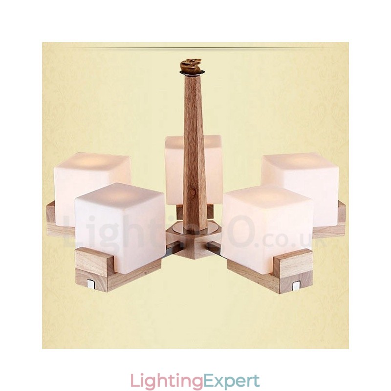 Wooden Modern Contemporary 5 Light Single Tier Chandelier Lamp