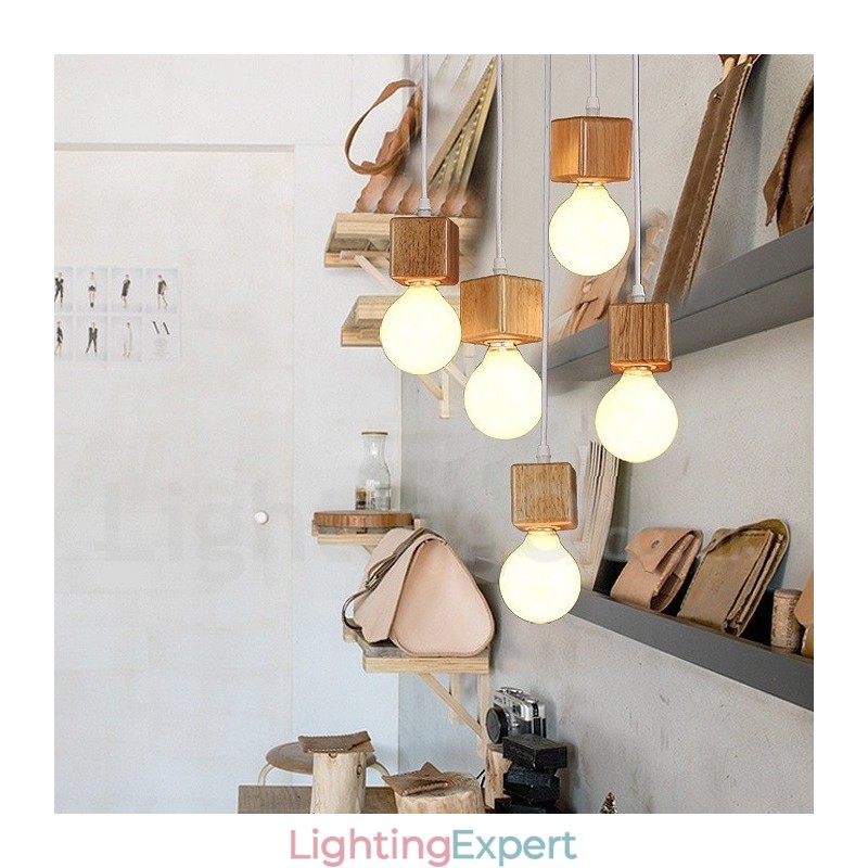 5 Light Wood Rustic Lodge Pendant Light