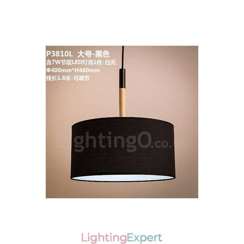Modern Contemporary Wood Drum Pendant Light with Fabric Shade