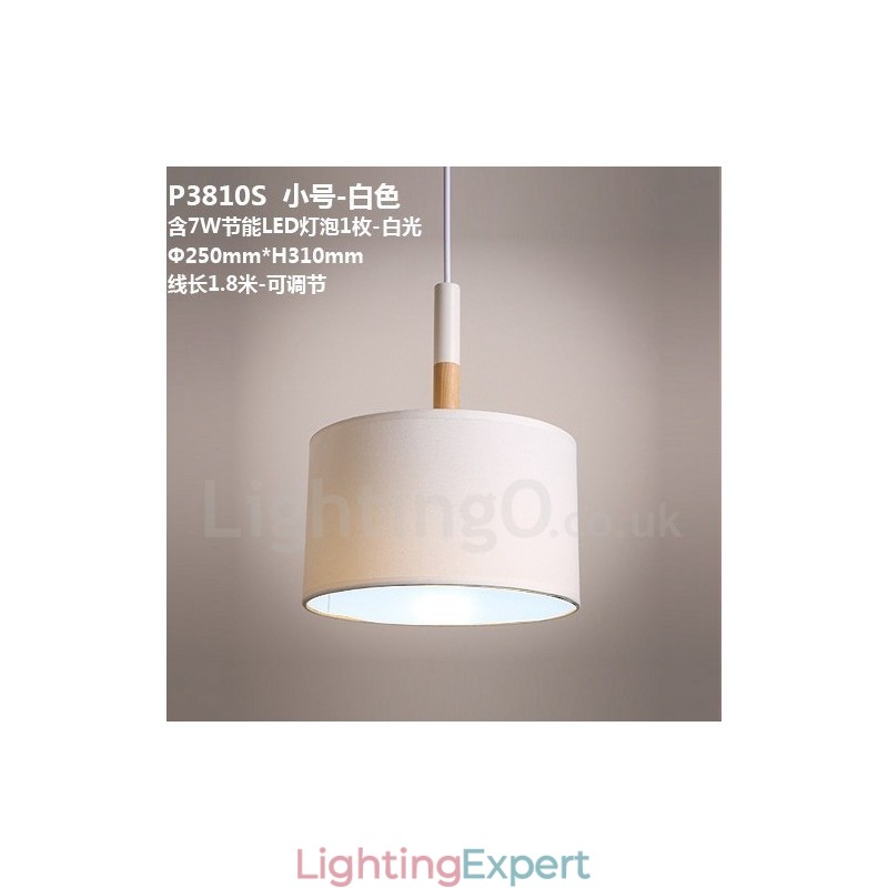 Modern Contemporary Wood Drum Pendant Light with Fabric Shade