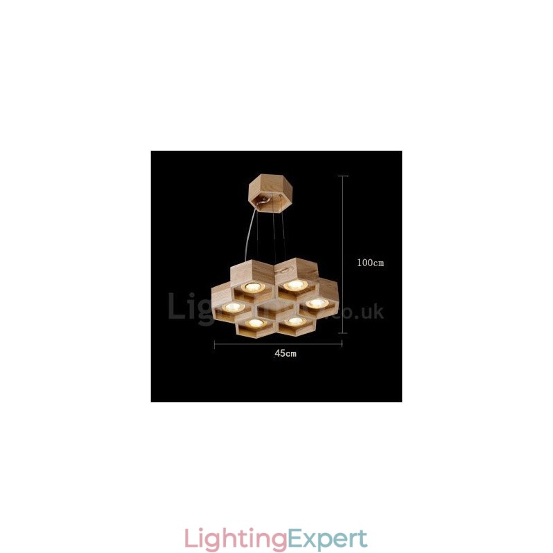 6 Light Wood Modern Contemporary Pendant Light