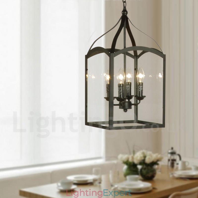 4 Light Black Metal Rustic Lodge Pendant Light with Glass Shade