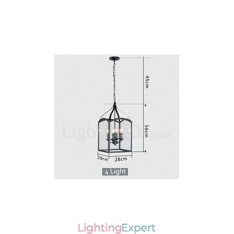 4 Light Black Metal Rustic Lodge Pendant Light with Glass Shade