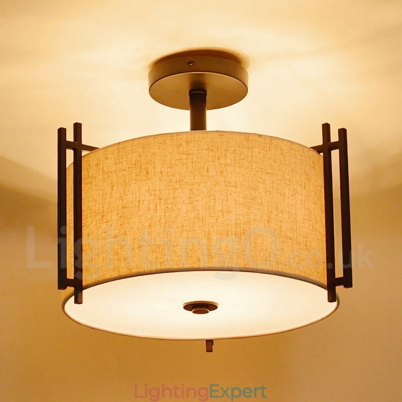 Rustic Lodge Metal Drum Pendant Light with Fabric Shade