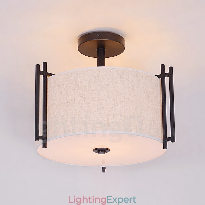 Rustic Lodge Metal Drum Pendant Light with Fabric Shade