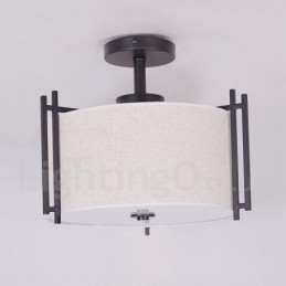 Rustic Lodge Metal Drum Pendant Light with Fabric Shade
