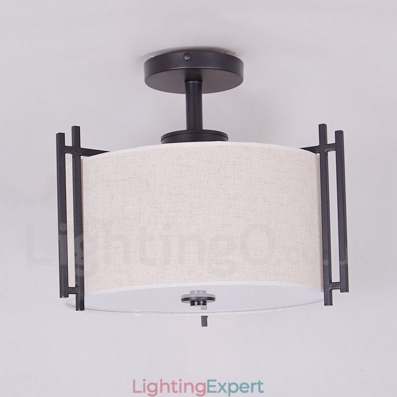 Rustic Lodge Metal Drum Pendant Light with Fabric Shade