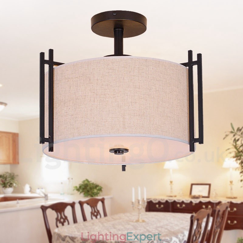 Rustic Lodge Metal Drum Pendant Light with Fabric Shade