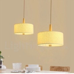 Wooden Modern Contemporary Drum Pendant Light with Fabric Shade