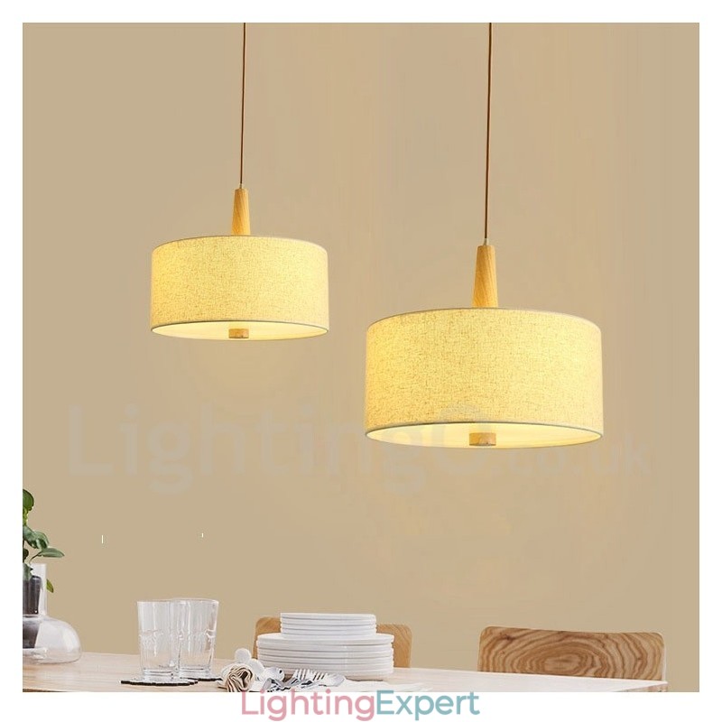 Wooden Modern Contemporary Drum Pendant Light with Fabric Shade