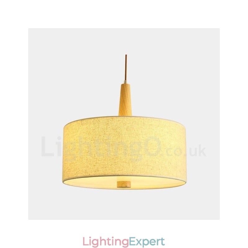 Wooden Modern Contemporary Drum Pendant Light with Fabric Shade