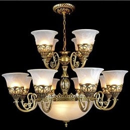 Bronze Chandelier Fifteen Lights Moire Glass European Retro Classic