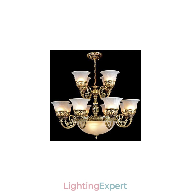 Bronze Chandelier Fifteen Lights Moire Glass European Retro Classic