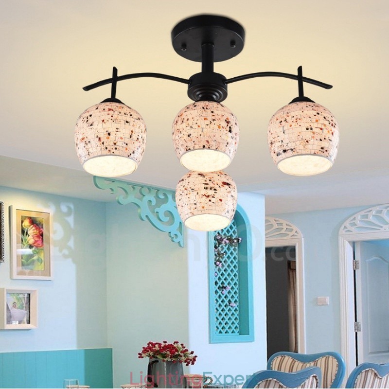 4 Light Mediterranean Style Integrated Chandelier with Glass Shade