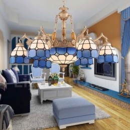 9 Light Mediterranean Style Integrated Metal Chandelier with Glass Shade