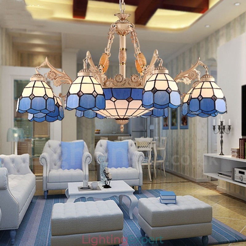 11 Light Mediterranean Style Integrated Metal Chandelier with Glass Shade