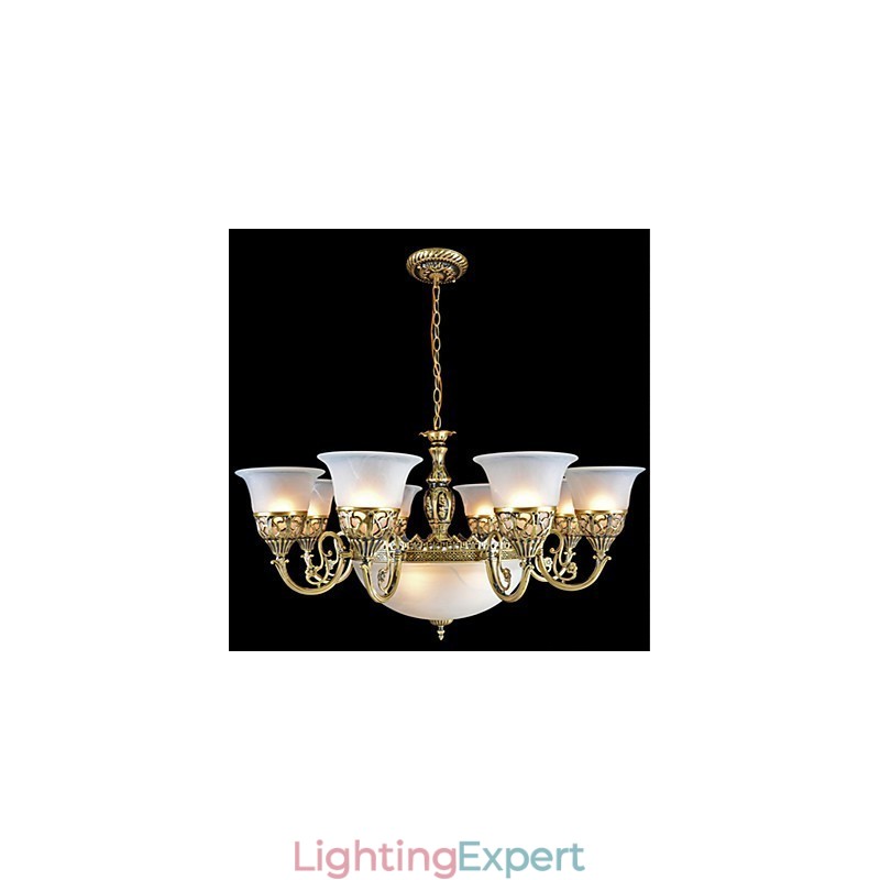 Bronze Chandelier Eleven Lights Moire Glass European Retro Classic
