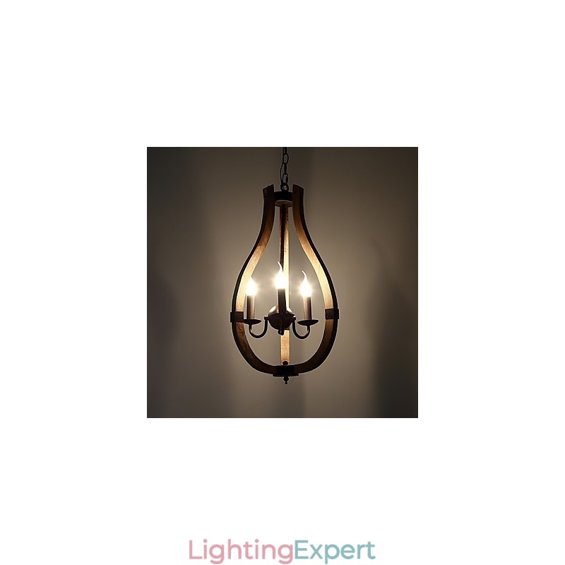Three Light Vintage Painting Feature Mini Style Wood Bamboo Chandelier Lamp the Decorate Pendant Lamp