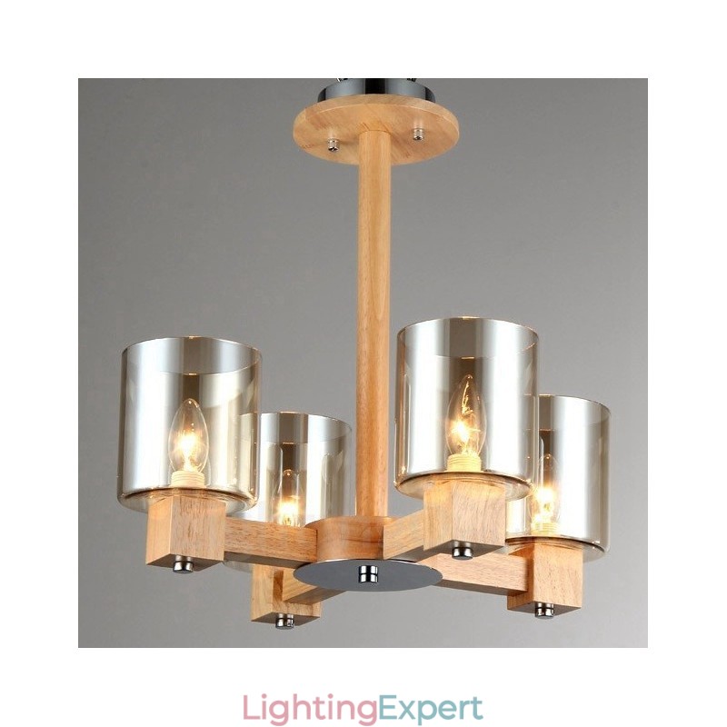 4 Light Wood Modern Contemporary Nordic style Chandelier with Glass Shade