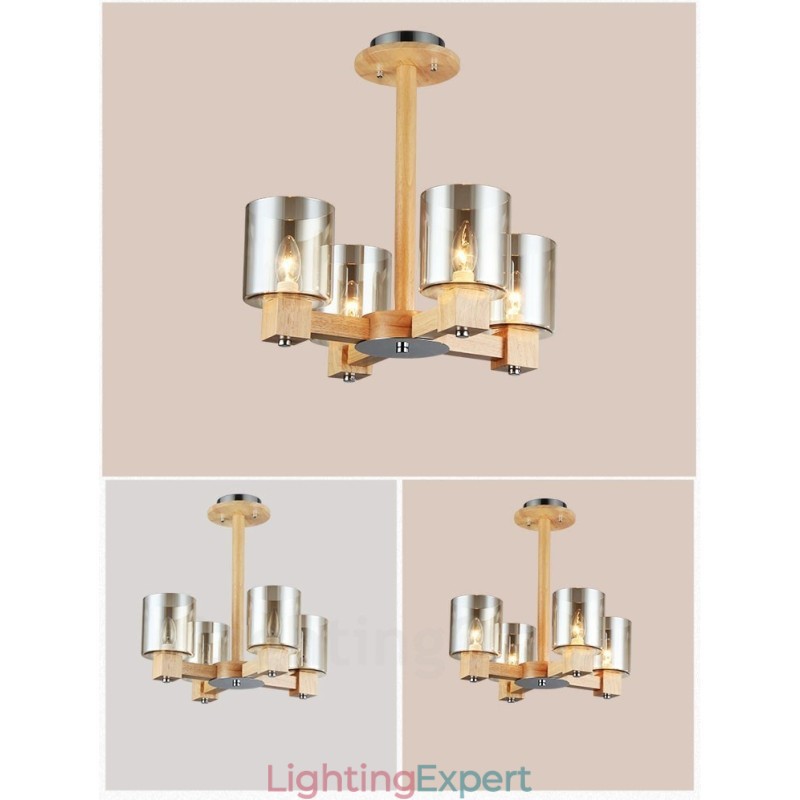 4 Light Wood Modern Contemporary Nordic style Chandelier with Glass Shade