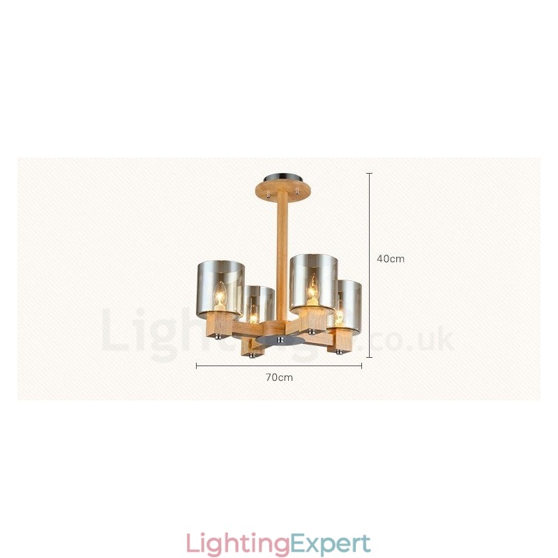 4 Light Wood Modern Contemporary Nordic style Chandelier with Glass Shade