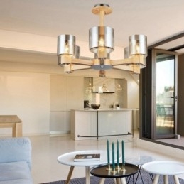 6 Light Wood Modern Contemporary Nordic style Chandelier with Glass Shade