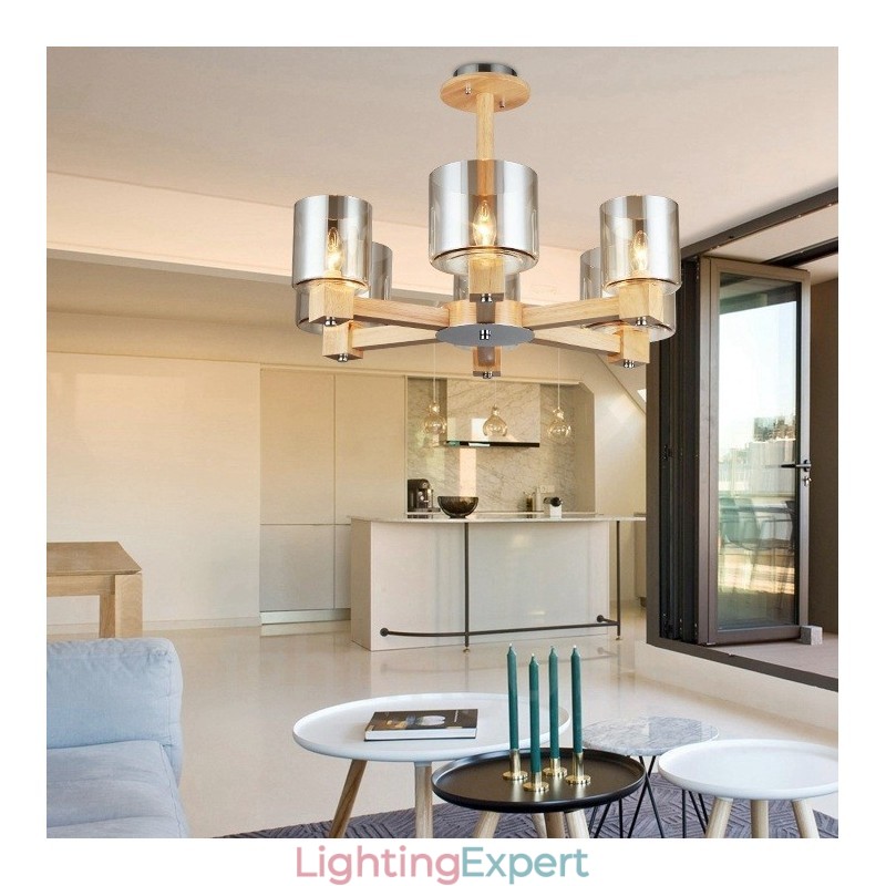 6 Light Wood Modern Contemporary Nordic style Chandelier with Glass Shade