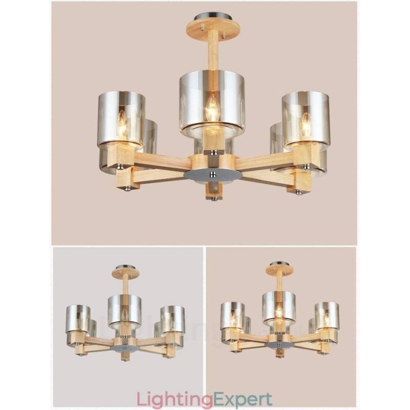 6 Light Wood Modern Contemporary Nordic style Chandelier with Glass Shade