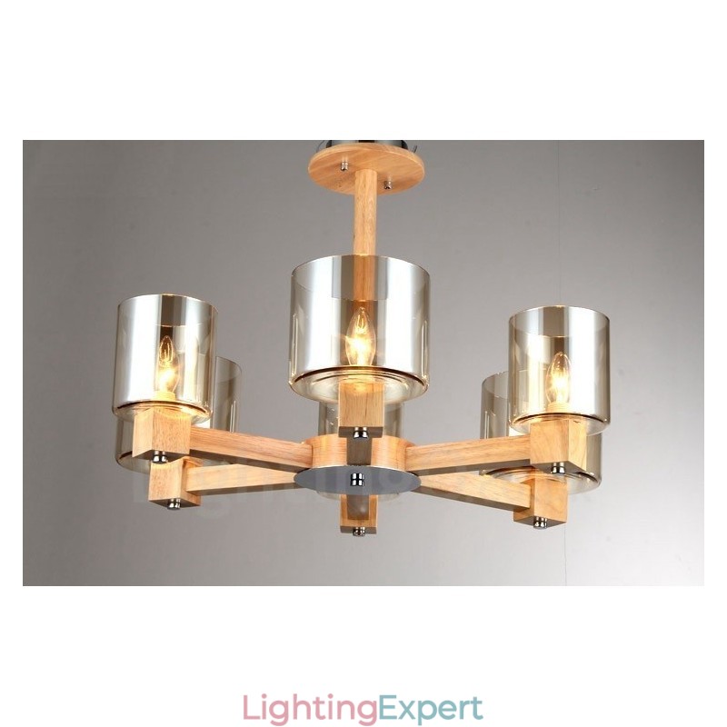 6 Light Wood Modern Contemporary Nordic style Chandelier with Glass Shade