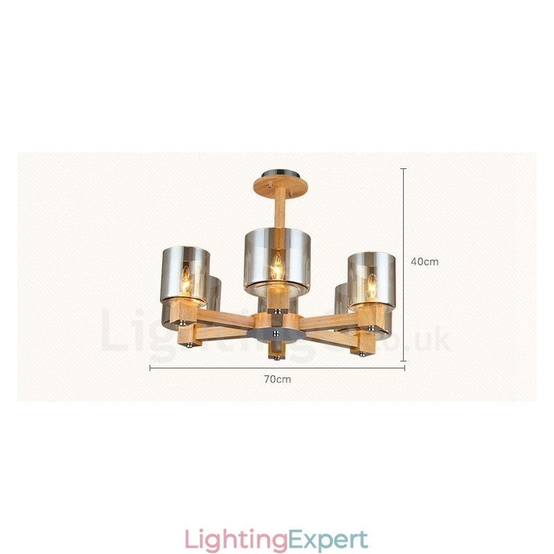 6 Light Wood Modern Contemporary Nordic style Chandelier with Glass Shade