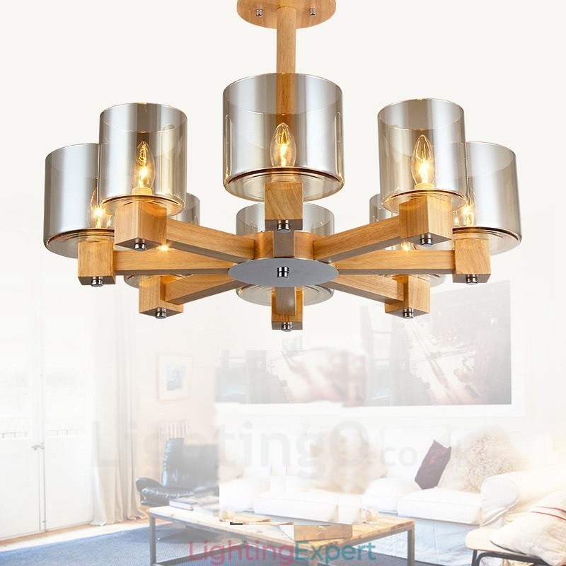 8 Light Wood Modern Contemporary Nordic style Chandelier with Glass Shade