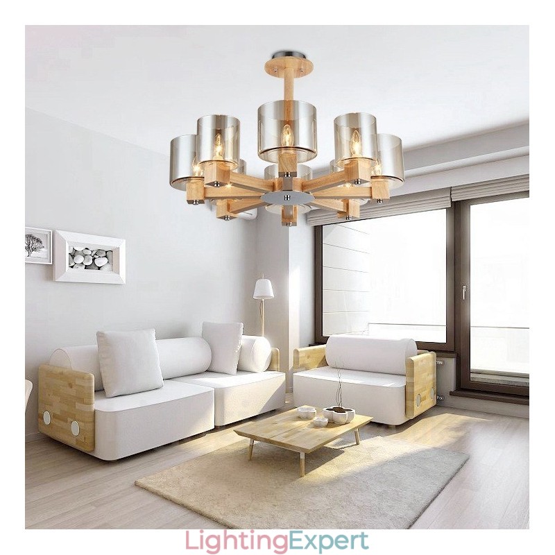 8 Light Wood Modern Contemporary Nordic style Chandelier with Glass Shade