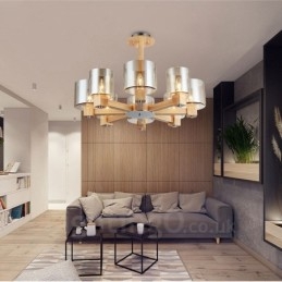 8 Light Wood Modern Contemporary Nordic style Chandelier with Glass Shade