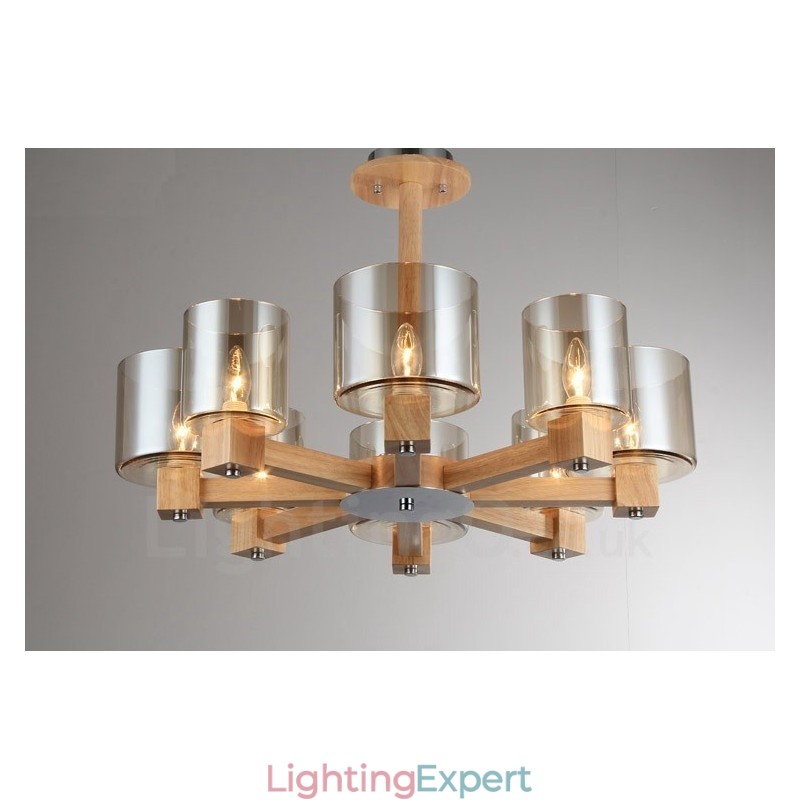 8 Light Wood Modern Contemporary Nordic style Chandelier with Glass Shade
