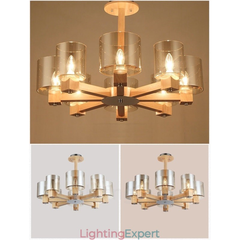 8 Light Wood Modern Contemporary Nordic style Chandelier with Glass Shade