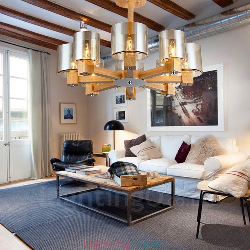 8 Light Wood Modern Contemporary Nordic style Chandelier with Glass Shade
