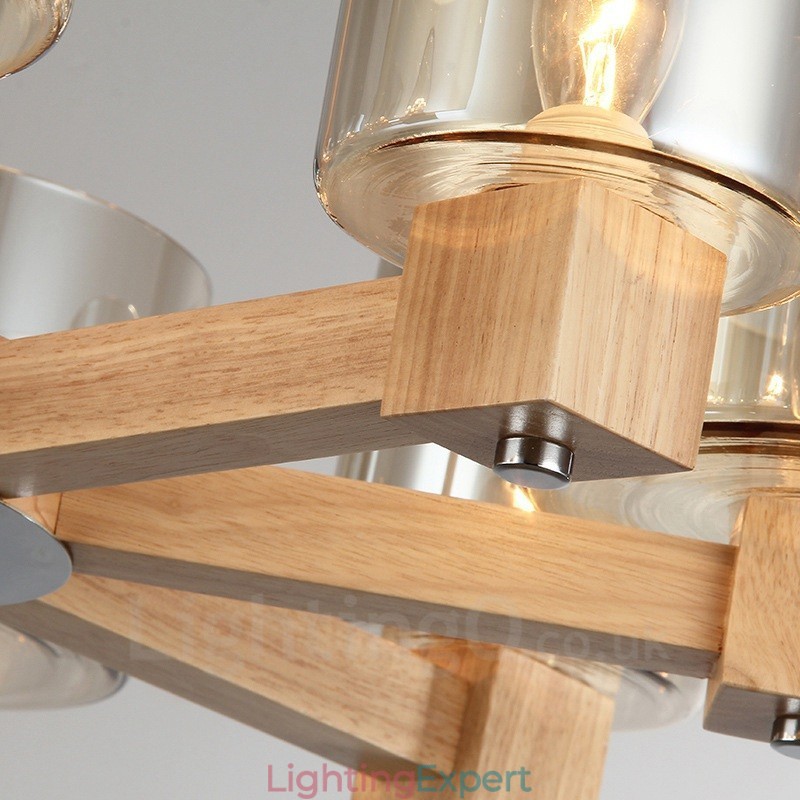 8 Light Wood Modern Contemporary Nordic style Chandelier with Glass Shade
